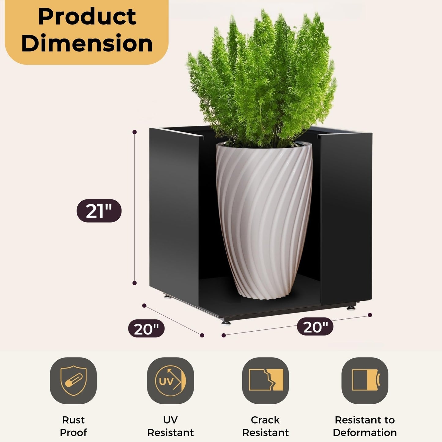 Foresland 20Wx20Dx21H Metal Planter Box, Large Cube Garden Planter for Outdoor Plants, Easy 5-Min Assembly, Drainage Holes, Adjustable Feet