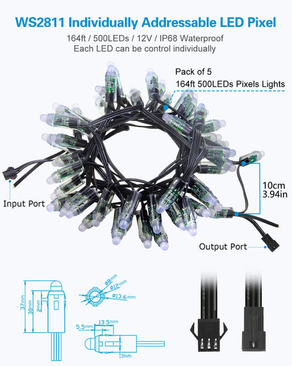 ALITOVE DC 12V WS2811 12mm Diffused Digital RGB LED Pixel Light Individually Addressable Round LED Bullet Pixels 500pcs IP68 Waterproof for Billboard House Daily & Holiday Party Decor