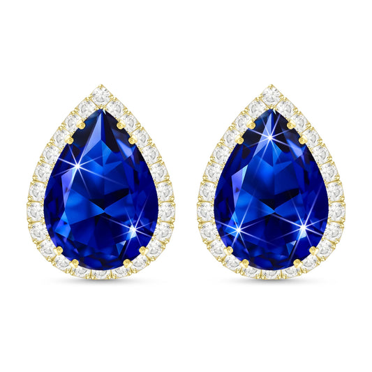 Linawe Imitation Diamond Earrings for Women, Gold Aquamarine Cubic Zirconia Sapphire Royal Blue Stud Earrings, Navy Blue Teardrop Statement Rhinestone Earrings Studs