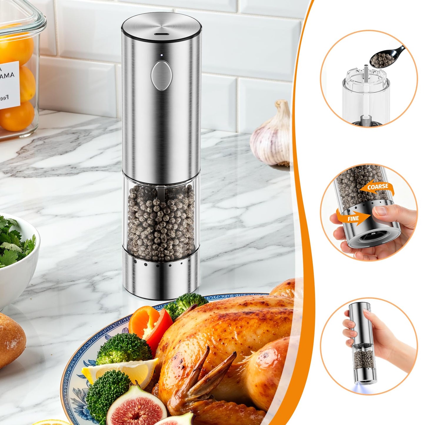 HomeHacks Upgraded Larger Capacity Electric Salt and Pepper Grinder Set, Rechargeable Type-C with LED Light, Stainless Steel Automatic & 6 Adjustable Coarseness, Ideal as Mothers Day Gifts