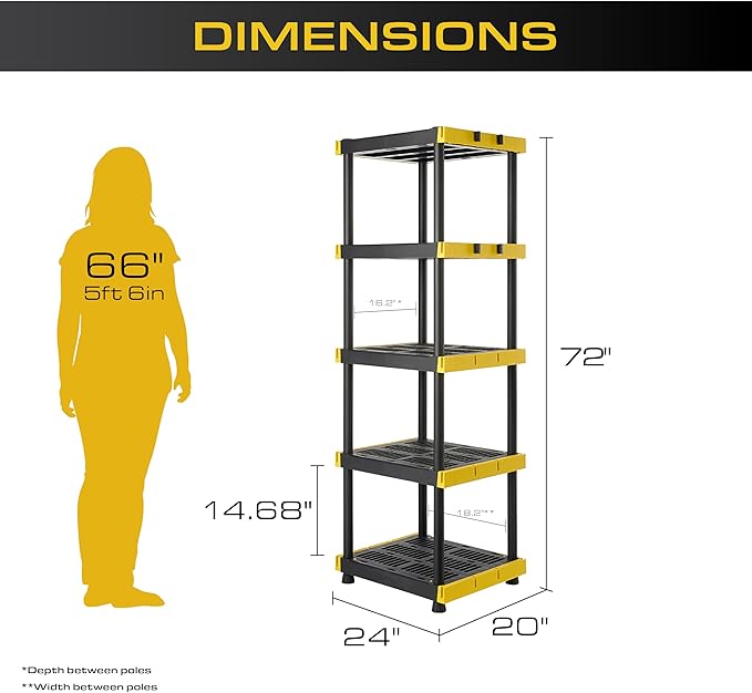 BLACK & YELLOW 5-Tier Heavy Duty Plastic Storage Shelving Unit, 5 Shelves Support up to 100lb/shelf, Organization and Storage, Weather-Resistant Design, Easy Assembly, American Made (72H x 24W x 20D)