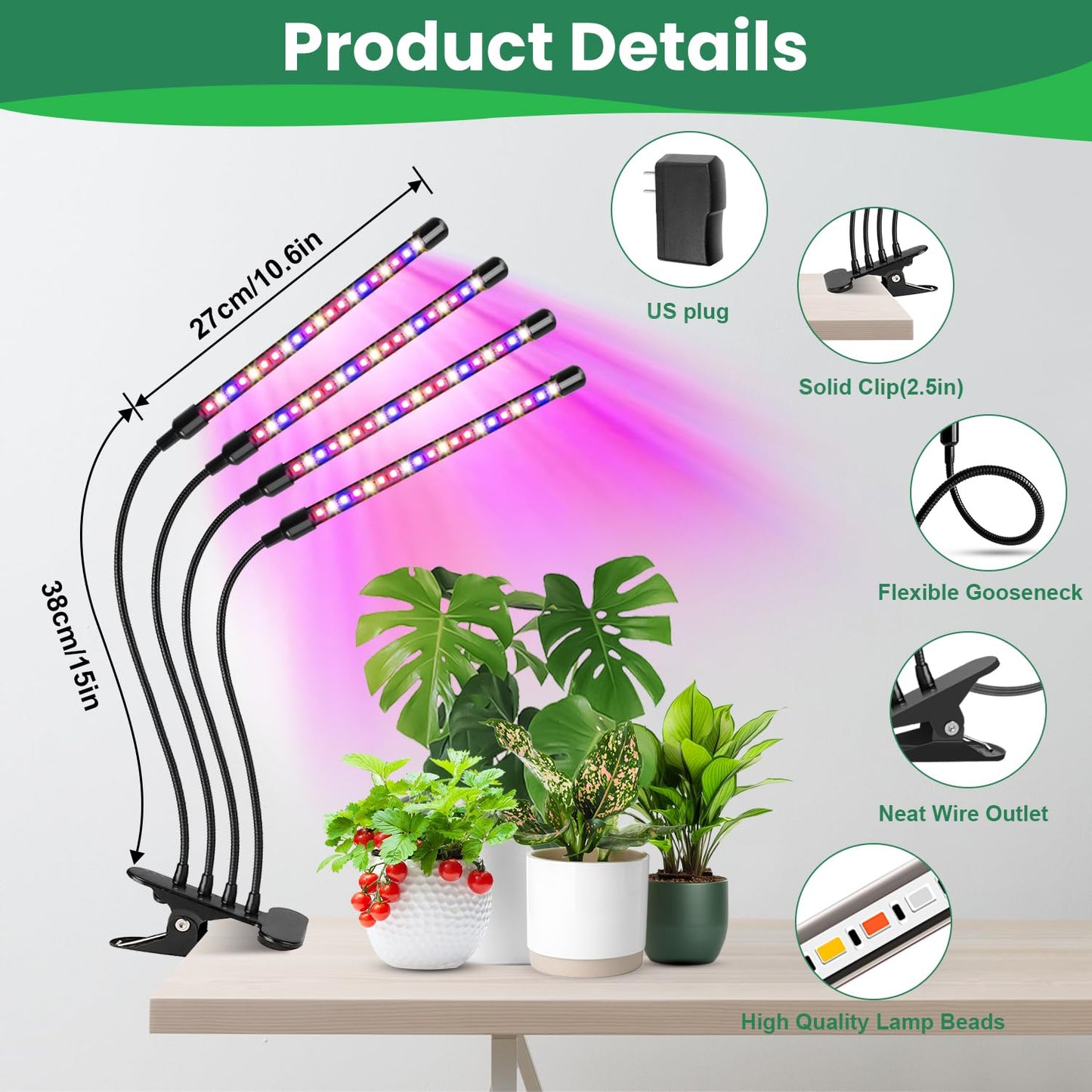 Garpsen Grow Lights for Indoor Plants, 80 LEDs Full Spectrum Plant Light with Clip, 5 Dimming Levels & 3 Colors Grow Lamp with Timer 6/12/16H, 360° Adjustable Gooseneck for Seedlings and Succulents