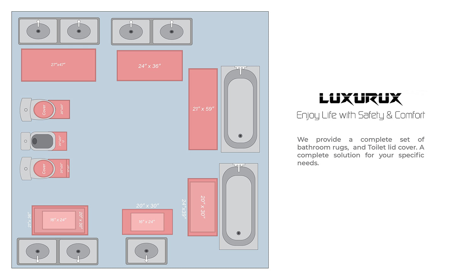 LuxUrux Bath Mat Set, Luxury Chenille (2-Piece) Soft Plush Anti-Slip Rug + Toilet Mat.1'' Microfiber Shaggy Carpet, Super Absorbent (Dark Grey, 80 x 50 cm + U Shaped 50 x 50 cm)