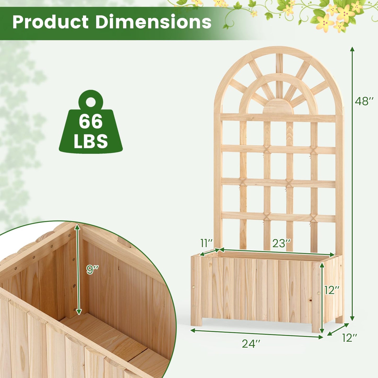 Happygrill Wooden Raised Garden Bed with Trellis, Outdoor Planter Box with Drainage Holes, Privacy Screen, Natural Fir Wood Elevated Garden Bed for Climbing Plants Flowers (1, Natural, 24''x12''x48'')