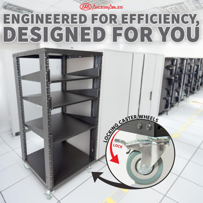 AxcessAbles 22U Open Frame Network & AV Rack with Caster Wheels, Three 2U Shelves, 10-32 & Cage Nut Compatible Rails, Cage Nuts, Screws, Cage Nut Tool & Wall Mount Kit | 19-Inch Equipment Rack