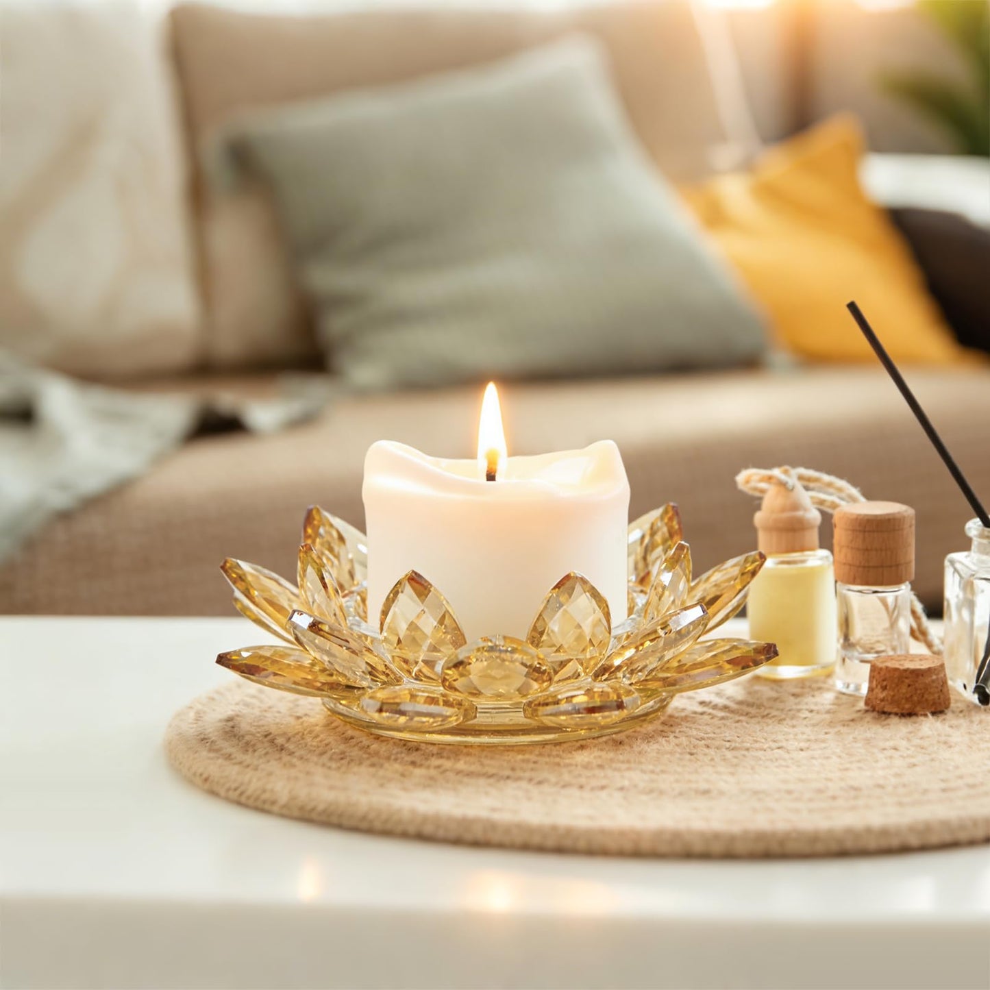 Large Crystal Lotus Tealight Candle Holder for Up to 6" Diameter Pillar Candle Plate Candlestick,Chunky Glass Votive Stand for Wedding, Party, Table Centerpiece Decor and Yoga Meditation (2, Gold)