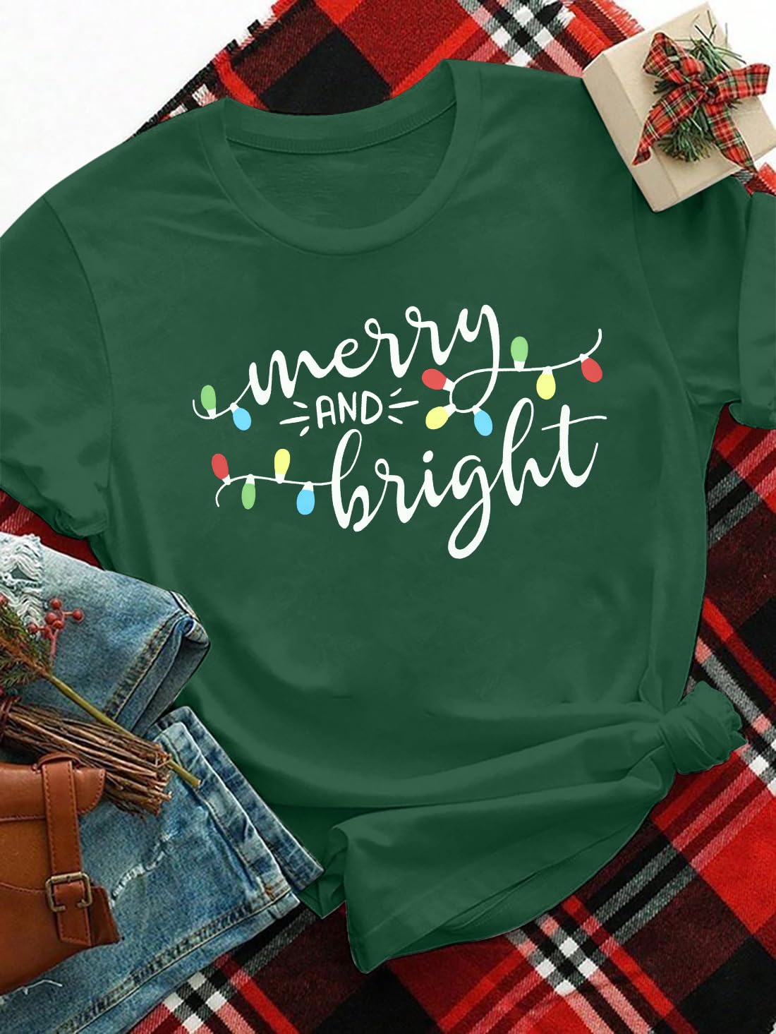 Christmas Shirts for Women Merry and Bright Shirt Xmas Holiday Tshirt Graphic Christmas Lights Tee Tops Green