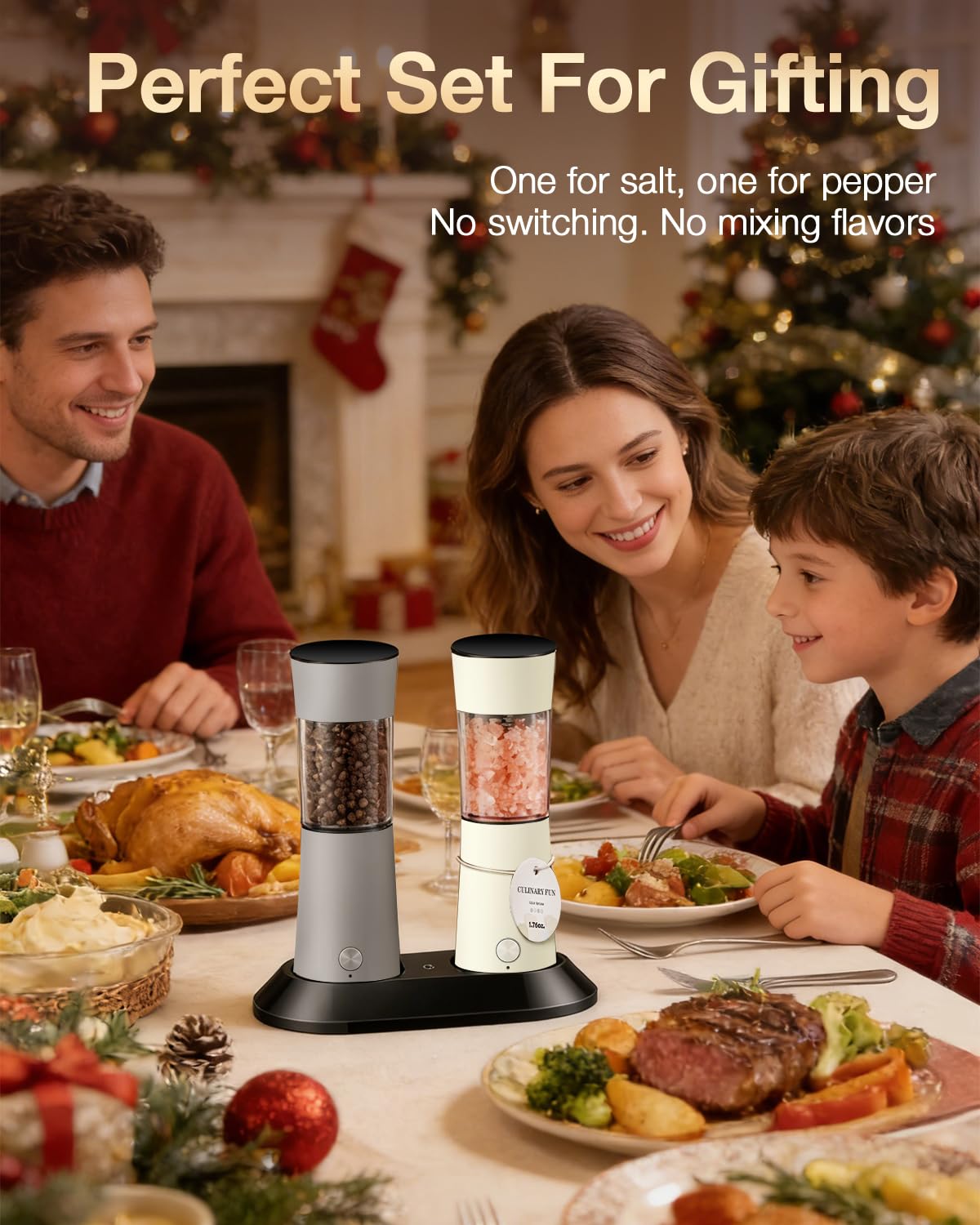 Electric Salt and Pepper Grinder Set, Stainless Steel Automatic Pepper Mill, Rechargeable with USB-C Charging Base, Gravity Activated One-Handed Operation, Dual LED Light, 2 Pack