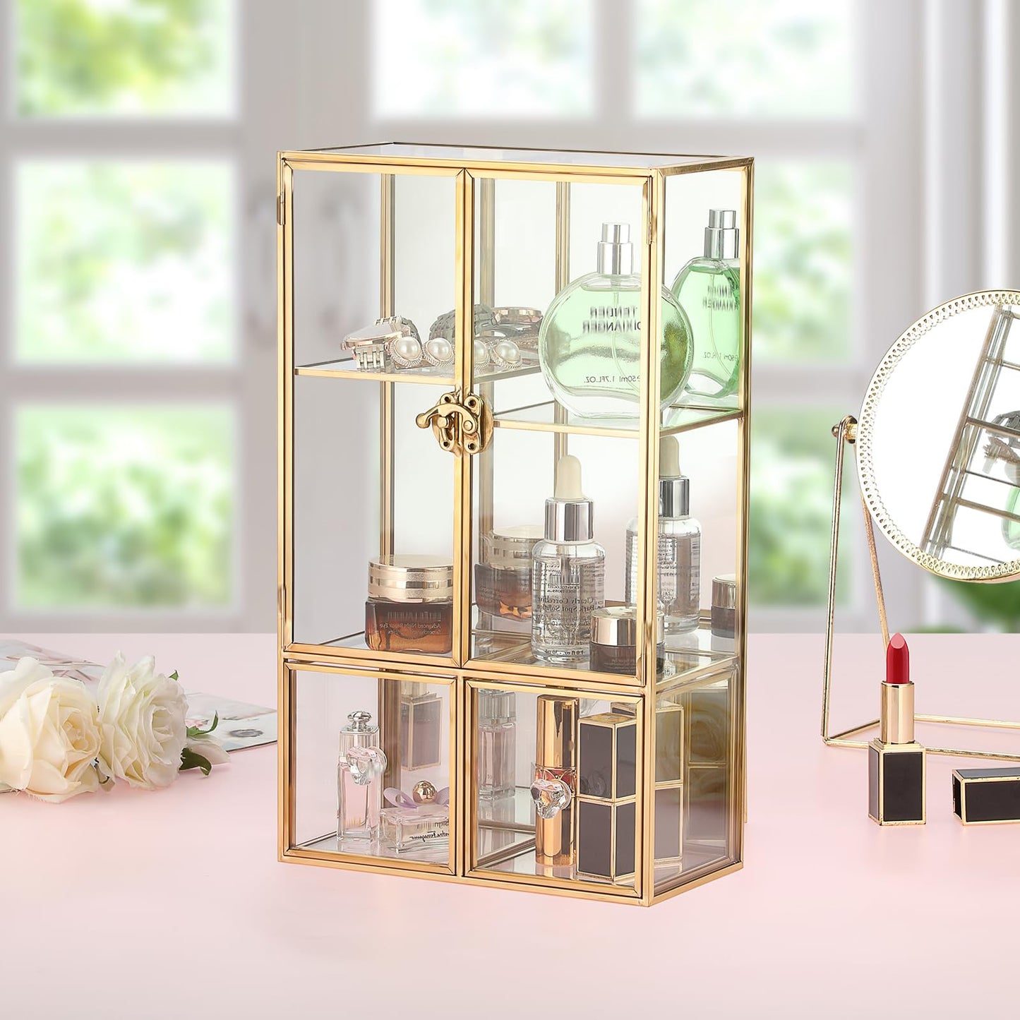 ELLDOO Clear Glass Storage Box with 2 Drawer, Gold Mirrored Jewelry Makeup Display Organizer Case, Decorative Tower Box Storage for Trinket Perfume Lipstick Figure Statue Toy Display