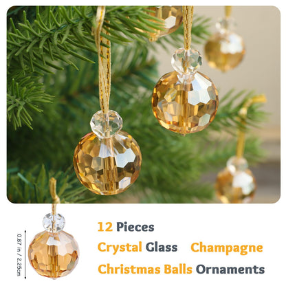 12 Pcs Crystal Glass Christmas Balls Ornaments, 0.87" Mini Prism Ball Christmas Tree Decorations, Hanging Crystal Ornament Clearance for Xmas Wedding Party Home Decor (Gold)
