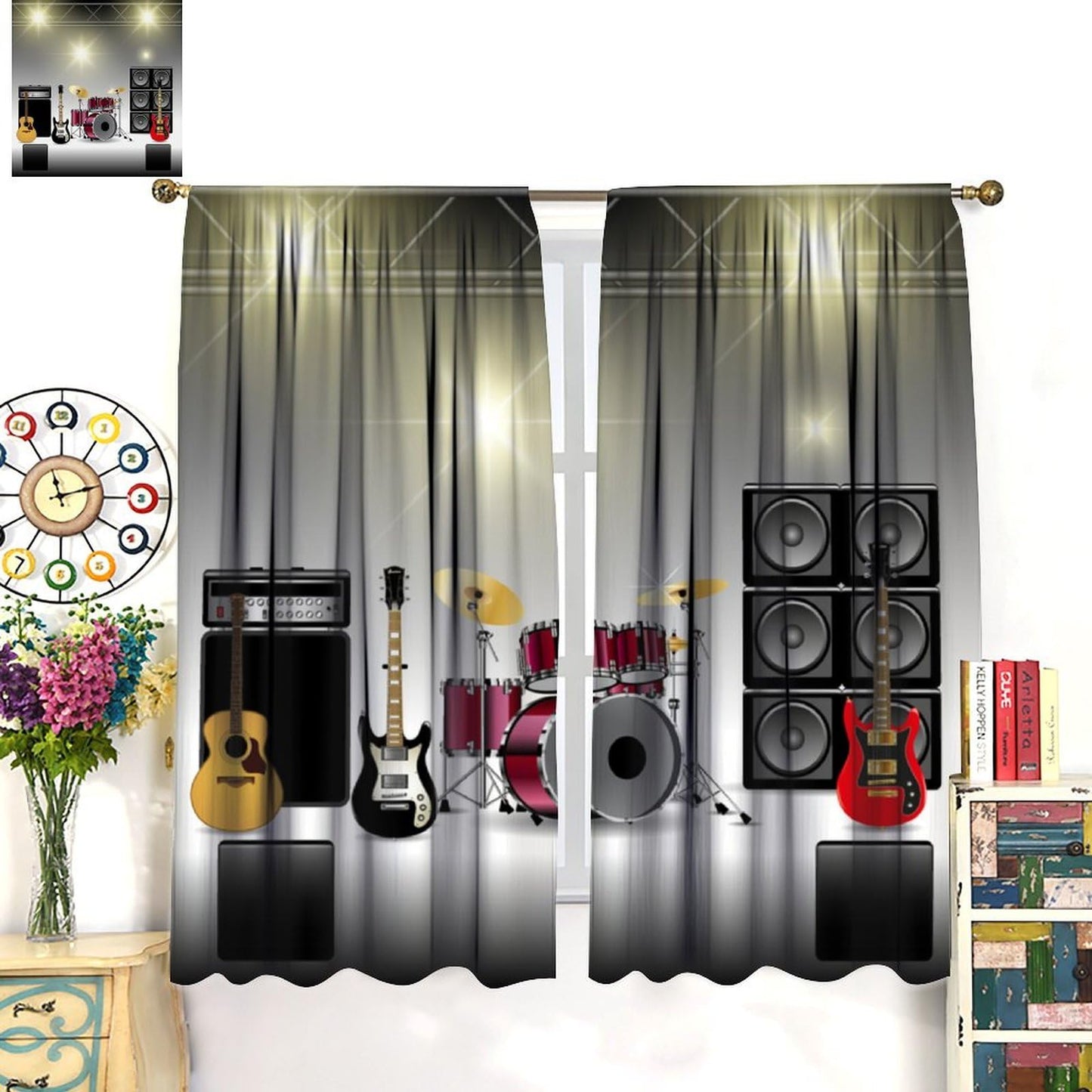 Djaby Rock Music Curtains, Teens Boys Electronic Musical Instrument Curtain Guitar Drum Speaker Window Drapes for Bedroom Living Room 42" W X 45" L(No Blackout)
