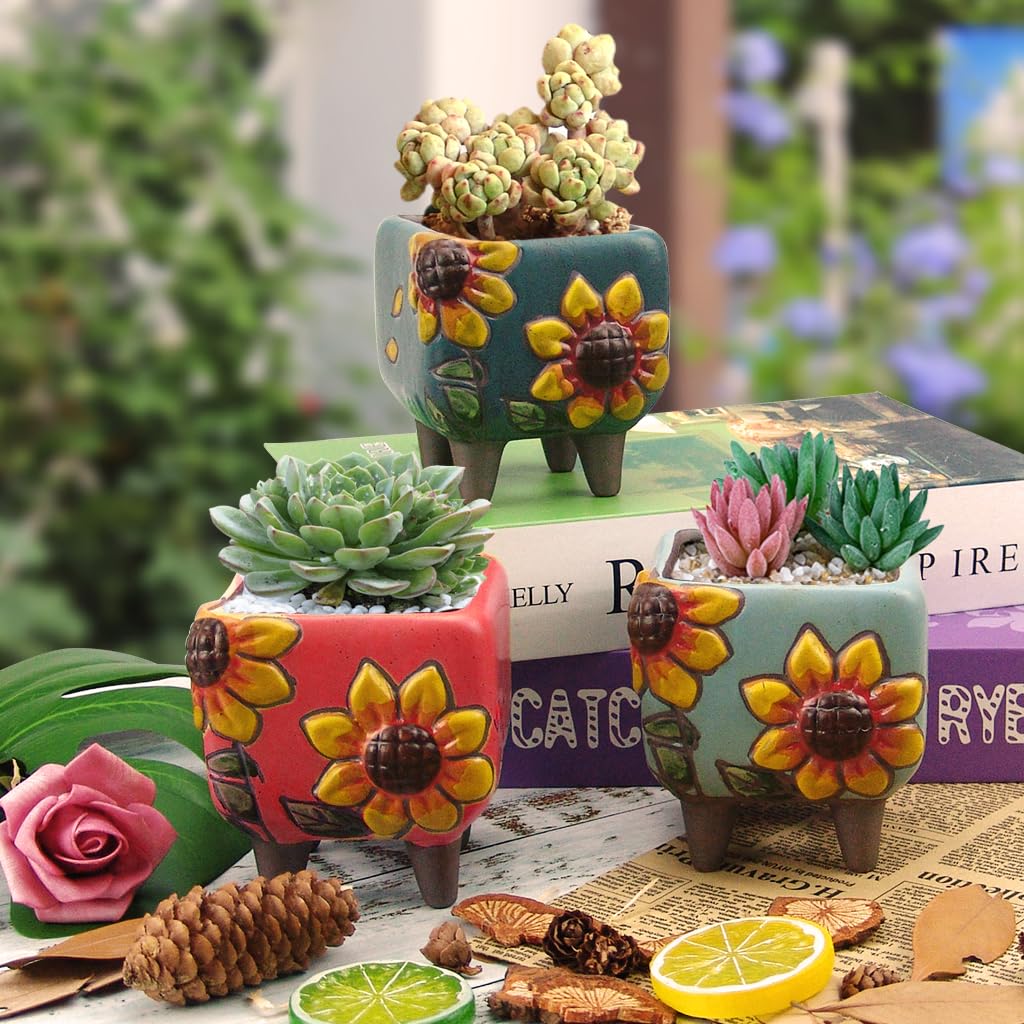 Summer Impressions 3.63 Inch Hand Painted Square Succulent Planter with Drainage and Clear Plastic Saucers Cactus Planter Pot Clay Pot Sunflowers Indoor Outdoor Pack of 3