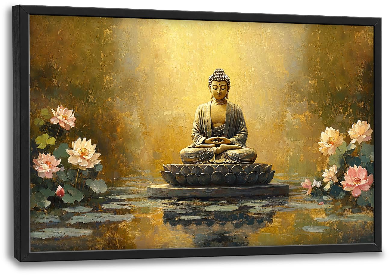 Buddha Lotus Large Wall Art Zen Meditation Wall Decor Spiritual Asian Calming Pictures Canvas Prints Peaceful Buddha Painting Framed Artwork for Yoga Bedroom Living Room Bathroom Home 36"x24"