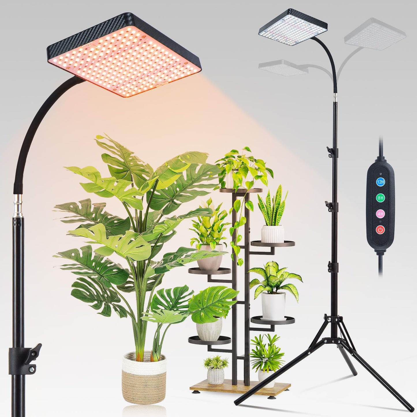 FECiDA 2026 Grow Lights with Stand, Standing Grow Lights for Indoor Plants, Bonsai Tree, 4/8/12/16/20H Timer, 25 Watt Power Draw, NO Need Adapter, Daisy Chain Function, 24"-64" Height Adjustable
