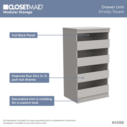 ClosetMaid Modular Storage 21.38-inch W 3-Shelf 4-Drawer Tower Wood Closet System, Smoky Taupe