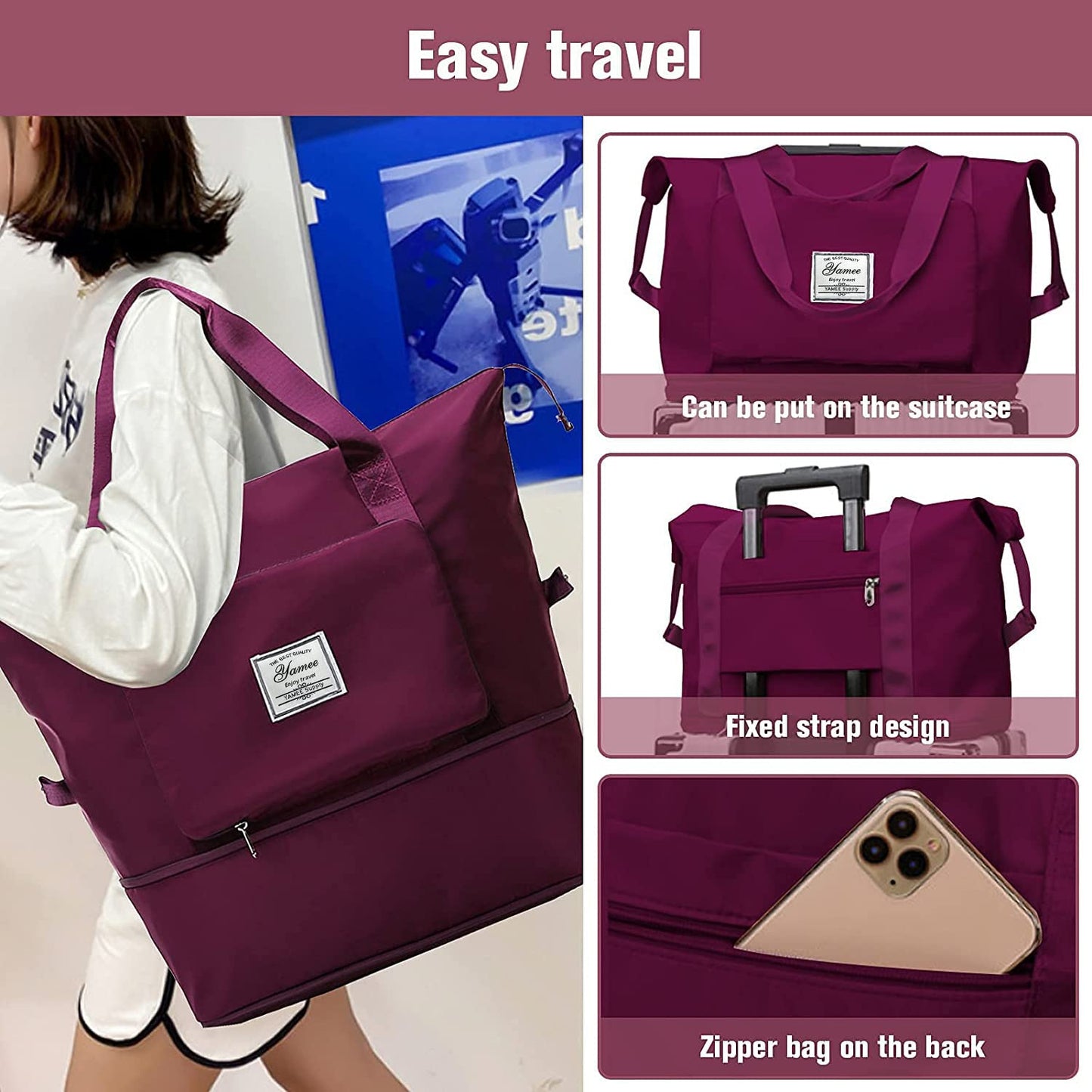 Large Capacity Folding Travel Bag - Lightweight Waterproof Carry On Luggage with Fixed Strap, Dry & Wet Separation - Foldable Travel Duffel for Sports & Gym (Wine Red)