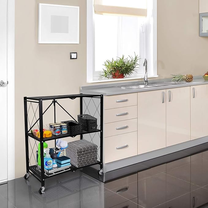 Kitchen Garage Metal Shelves, Storage Shelves Organizer, Foldable Metal Shelving, Closet Shelving Unit, 28" W x 14" D x 34" H Bakers Rack Microwave Stand, Plant Stand with Wheels (3-Tier Shelf)