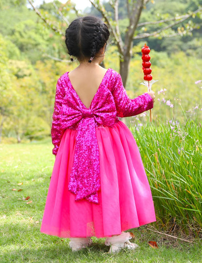 Cilucu Flower Girl Sequin Baby Toddler Long Sleeve Dress Tutu Kids Party Birthday Christmas New Year Dress Hot Pink 2T-3T