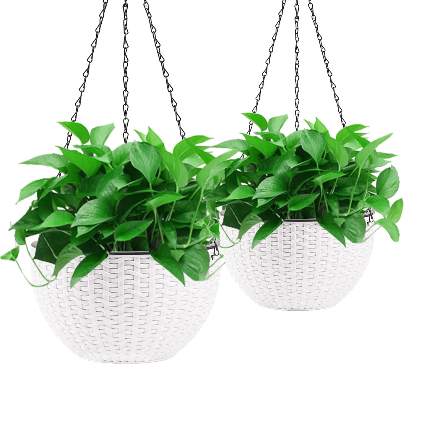 Foraineam 10.2 Inch Dual-pots Design Hanging Basket Planters Self-Watering Indoor Outdoor Hanging Flower Plant Pot with Drainer and Chain (White)