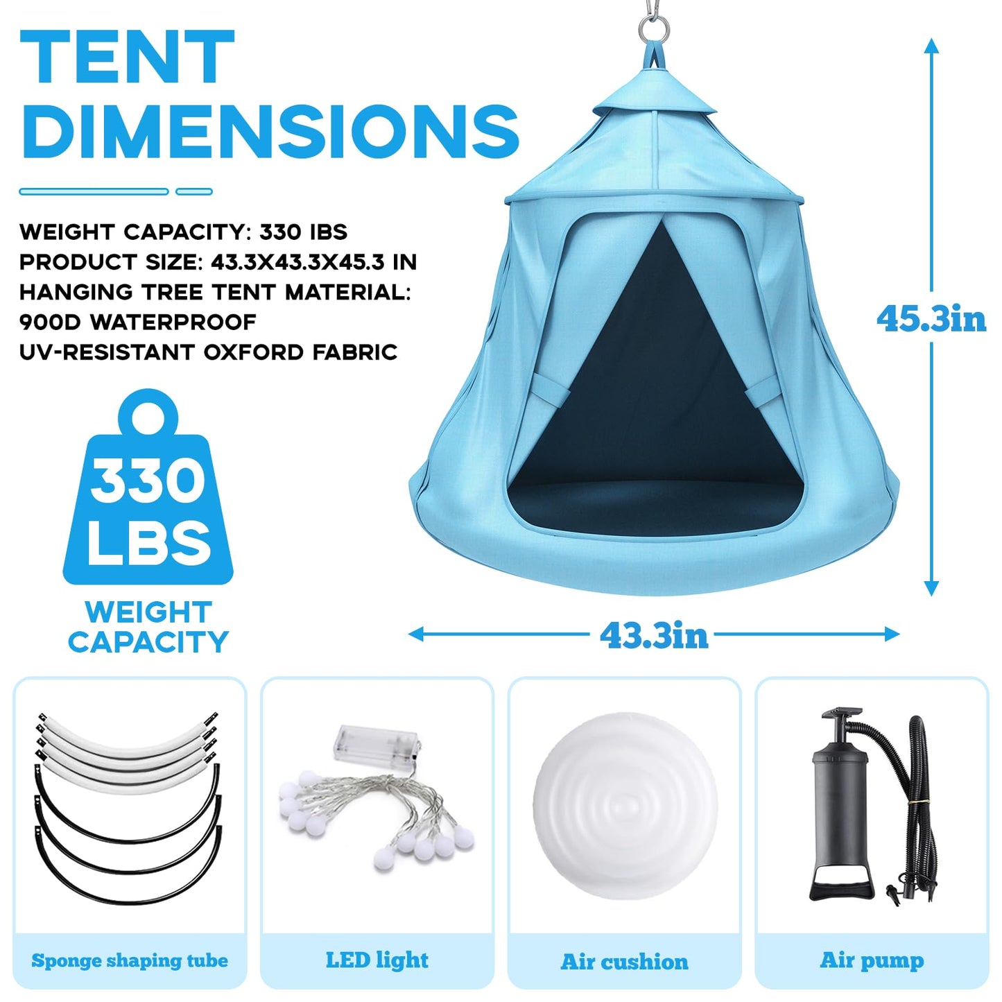 Swing Set with Tent Swing, Hanging Tree Tent w/Swing Frame, X-Shaped Swing Stand with Tent Swing, Tent Swing Chair, 330 lbs, w/Rainbow Lights String, Indoor Outdoor Use (Light Blue)