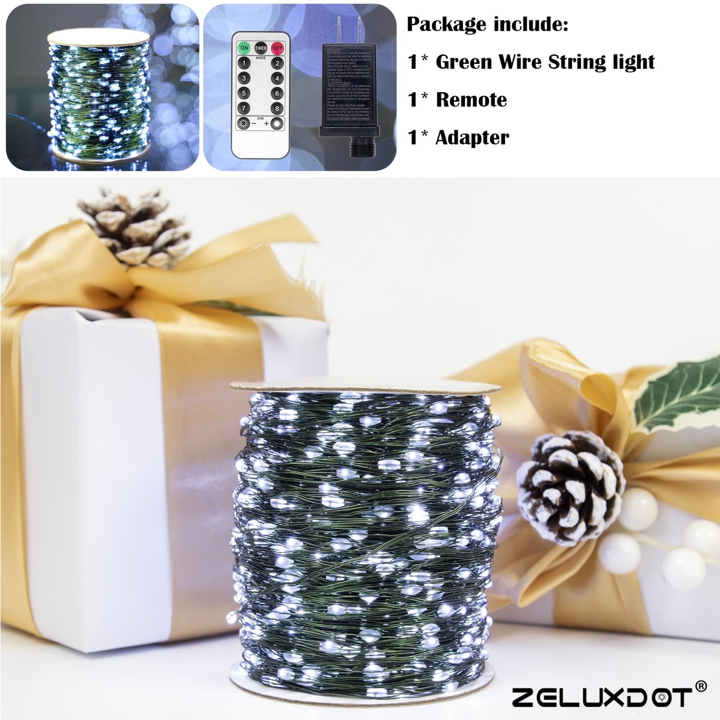 ZELUXDOT Fairy Lights Plug in,400FT 1200LEDs Waterproof Led String Lights,8 Modes Remote Twinkle Light for Outdoor Indoor Christmas Wedding Birthday Garden Party Decorations,Green Wire,Cool White