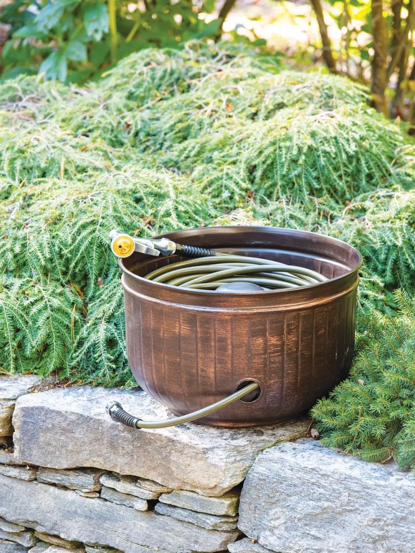 Gardener's Supply Company Garden Hose Pot | Elegant Brushed Bronze Brown Decorative Watering Hose Storage with Side Hole | Ideal Hose Holder for Outdoor Garden, Backyard, & Patio | Holds 100ft Hose