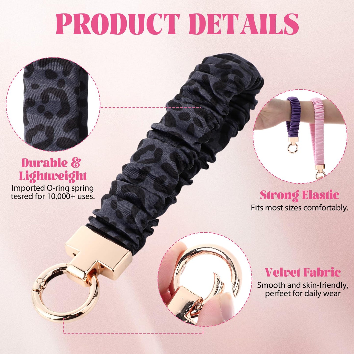 Sylixonae Cute Scrunchie Keychain Wristlet for Women & Men - Stretchy Car Key Holder with D Ring for Gym, Shopping, Travel (Black Leopard)