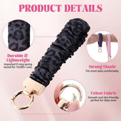 Sylixonae Cute Scrunchie Keychain Wristlet for Women & Men - Stretchy Car Key Holder with D Ring for Gym, Shopping, Travel (Black Leopard)