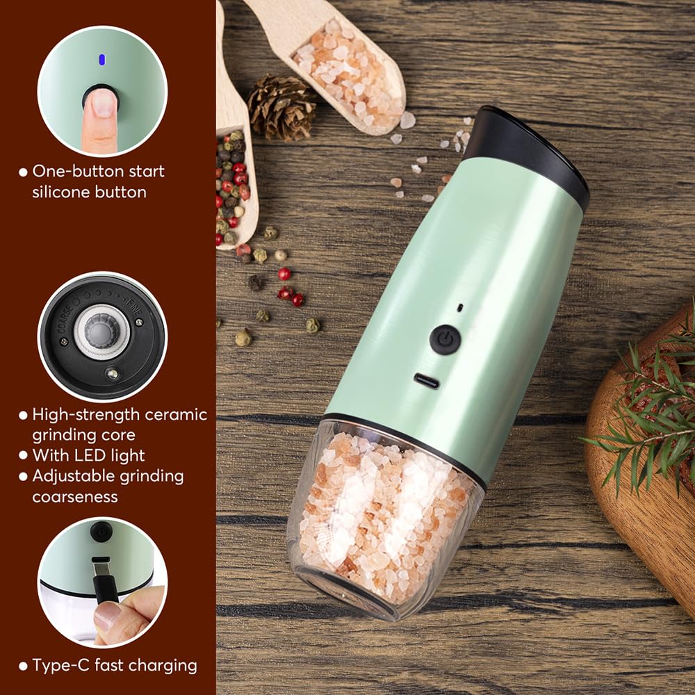 2 PCS Rechargeable Gravity Electric Salt and Pepper Grinder Set Shakers Automatic Grinders Adjustable Coarseness Mill Grinder Set with 3.5oz 90ml Capability size 2.4x7 inches Charging By USB