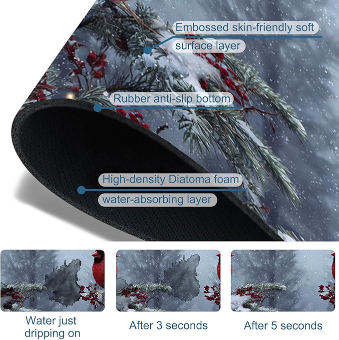 Winter Sink Splash Guard Faucet Mat Cardinal Christmas Super Absorbent Fast