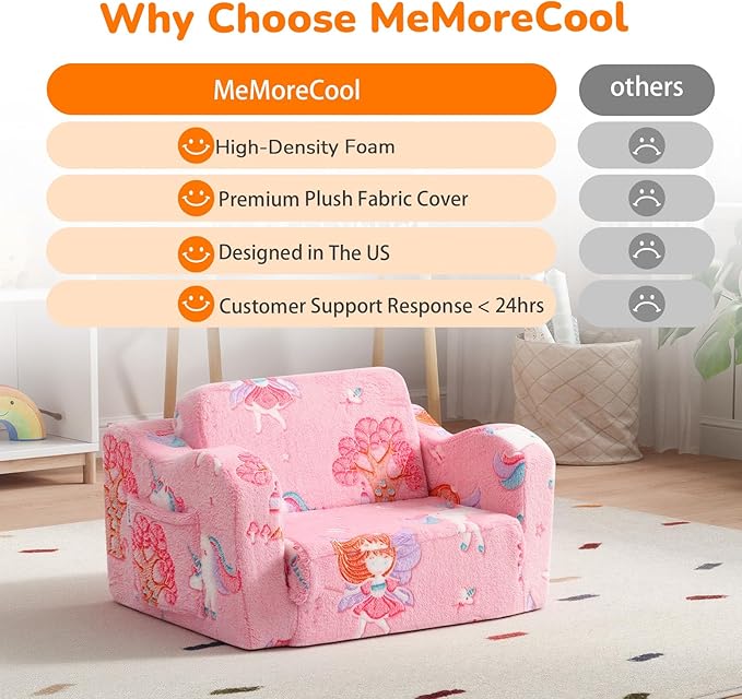 MeMoreCool Glowing Pink Fairy Kids Chair, 2-in-1 Fold-Out Kids Couch and Sofa
