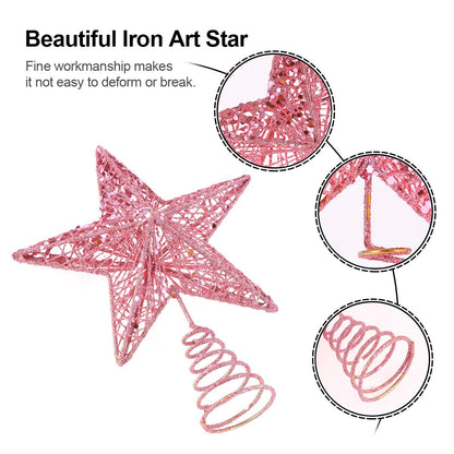 Amosfun Christmas Tree Topper 10 Inch Pink Glitter Star with Metal Hollow Design Wire Star Treetop for Holiday Christmas Home Decoration