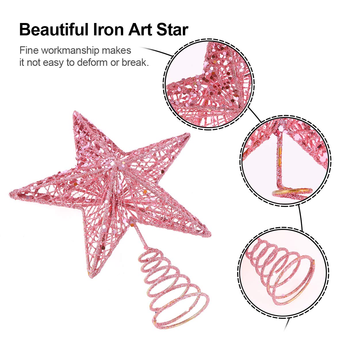 Amosfun Christmas Tree Topper 10 Inch Pink Glitter Star with Metal Hollow Design Wire Star Treetop for Holiday Christmas Home Decoration