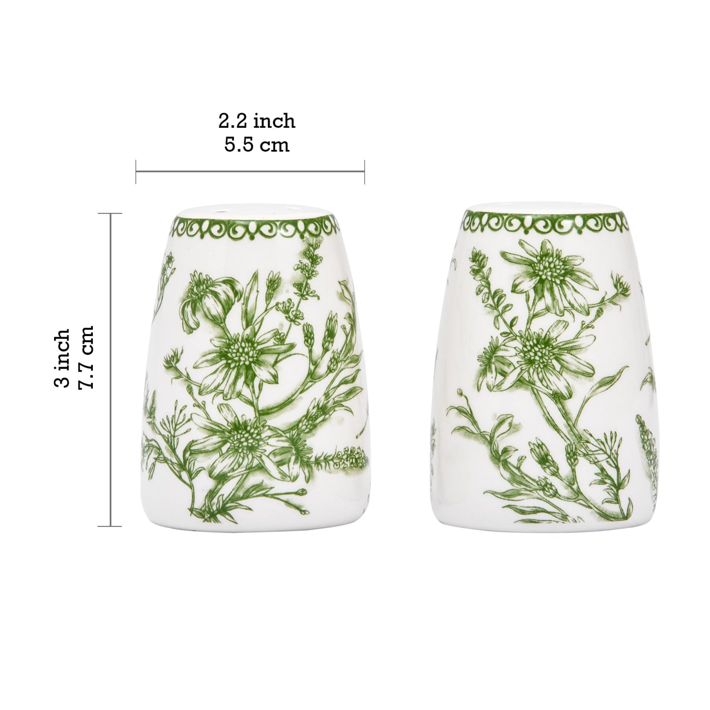 Bico Green Garden Toile De Jouy Ceramic Salt & Pepper Shaker Set, for Kitchen or Decor, Dishwasher Safe