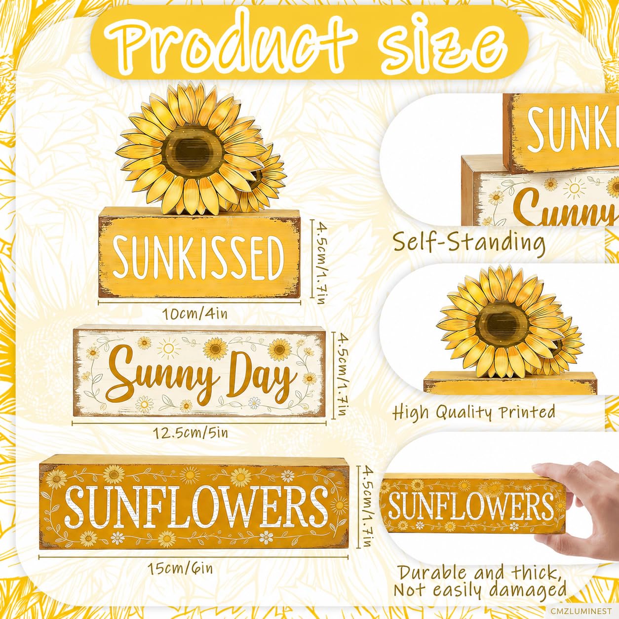 4 Pcs Sunflower Decor, Summer Rustic Farmhouse Tiered Tray Signs, Yellow Wooden Block Decorations with Sunkissed Sunny Day for Home Kitchen Office Coffee Bar Fireplace Mantel Floating Shelf