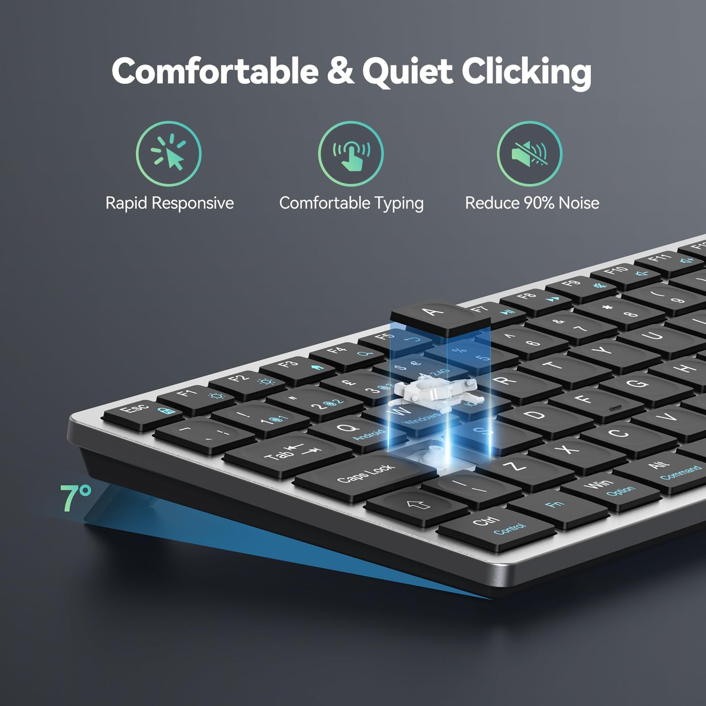 TECKNET 2.4G Wireless Keyboard, Rechargeable Bluetooth Keyboard for 4 Multi Devices, QWERTY UK Layout Compact Mini keypad, Small Silent Keys for Laptop, Phone, Smart TV, Computer, Tablet - Silver