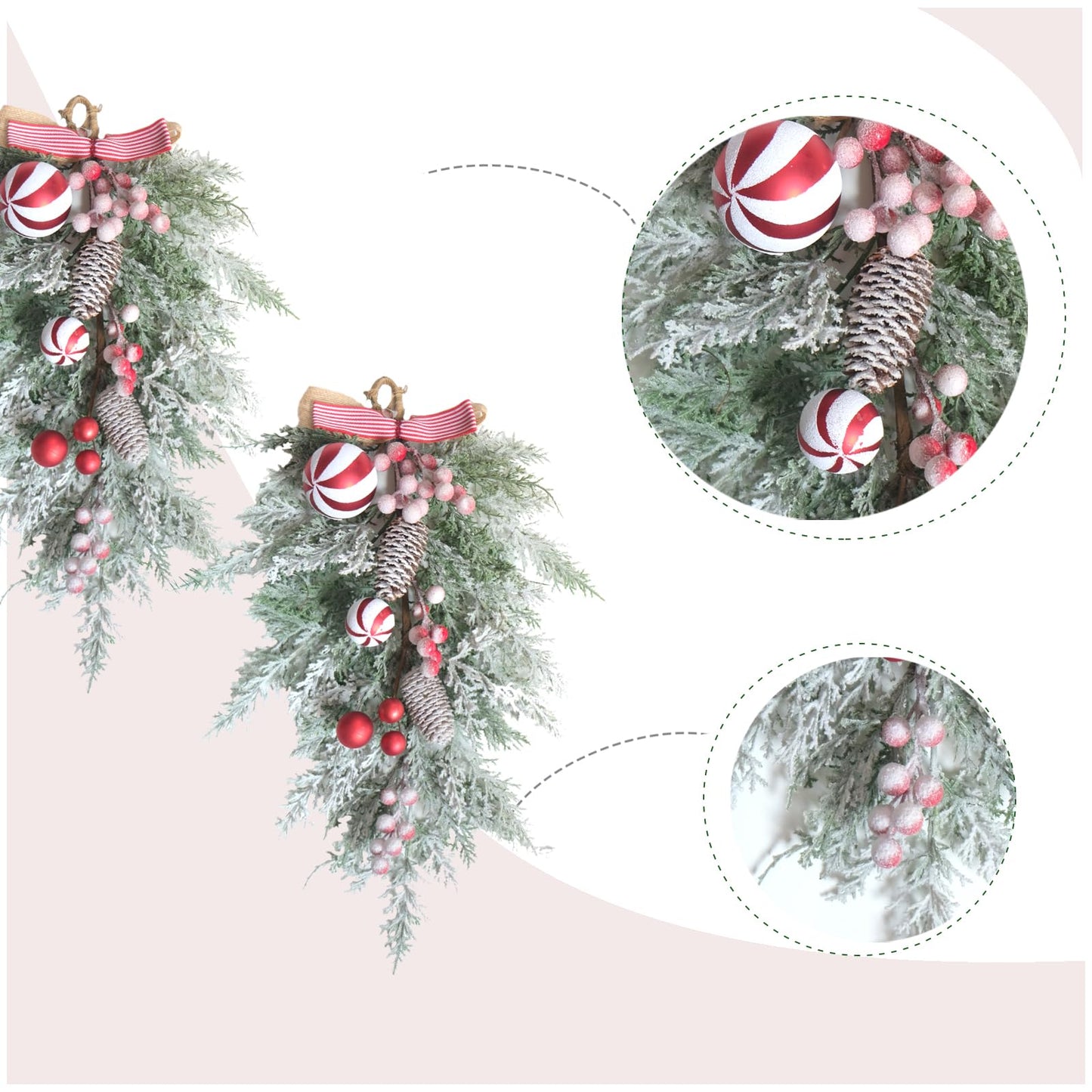 Egolot 2 PCS 20” Christmas Candy Cane Frosted Pine Needle Teardrop Swag Wreath for Front Door, Xmas Swag with Red White Balls and Berries for Indoor Outdoor, Christmas Window Mailbox Decor Teardrop