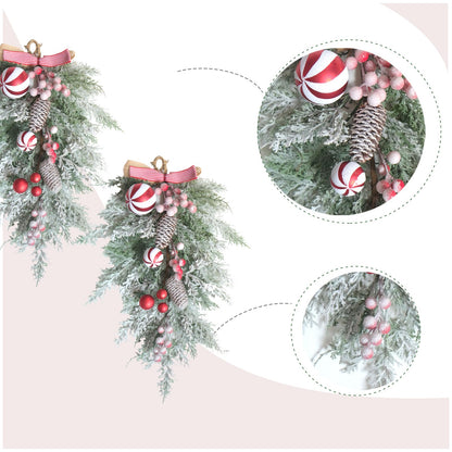 Egolot 2 PCS 20” Christmas Candy Cane Frosted Pine Needle Teardrop Swag Wreath for Front Door, Xmas Swag with Red White Balls and Berries for Indoor Outdoor, Christmas Window Mailbox Decor Teardrop
