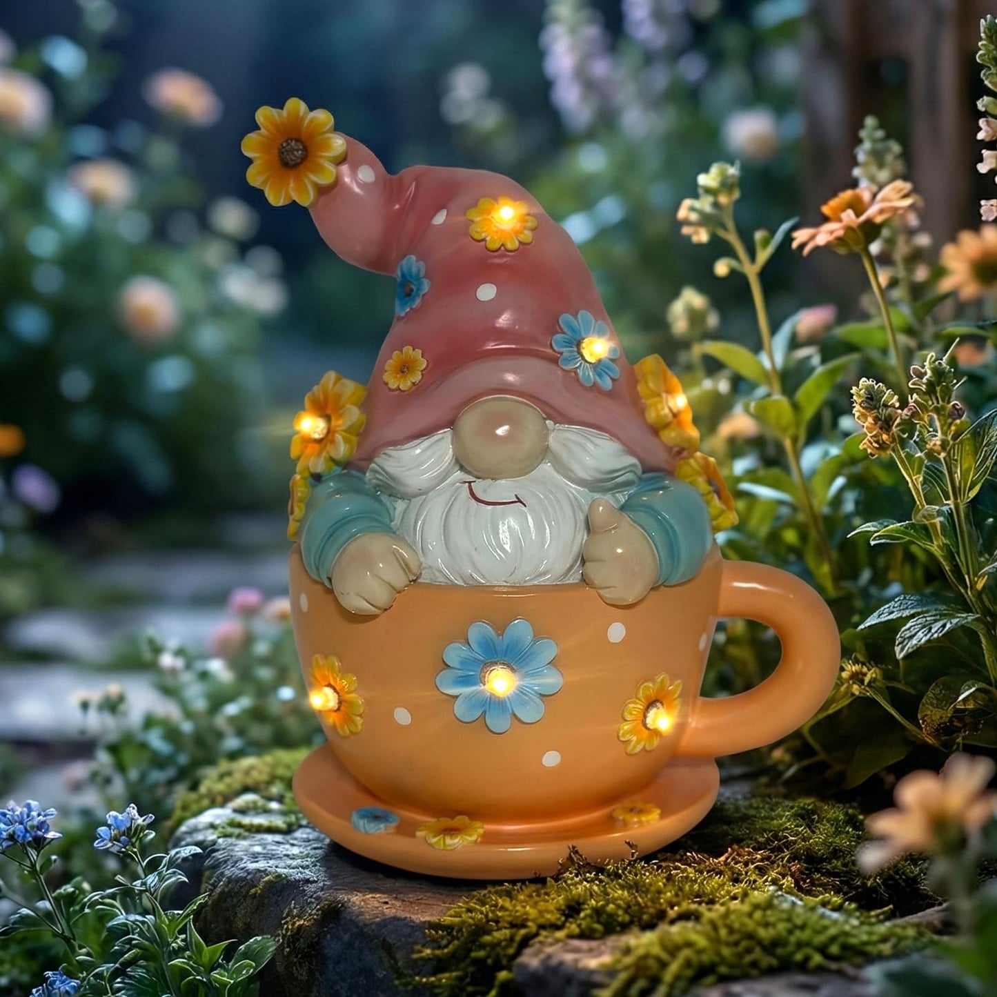 Joint Honglin Solar Garden Gnome Statue in Teacup - Outdoor Gnome Figurine with 5 Glowing LED Flowers, Waterproof Resin Yard Art Decor for Patio, Lawn, Porch, Fairy Garden Gift for Tea Lovers