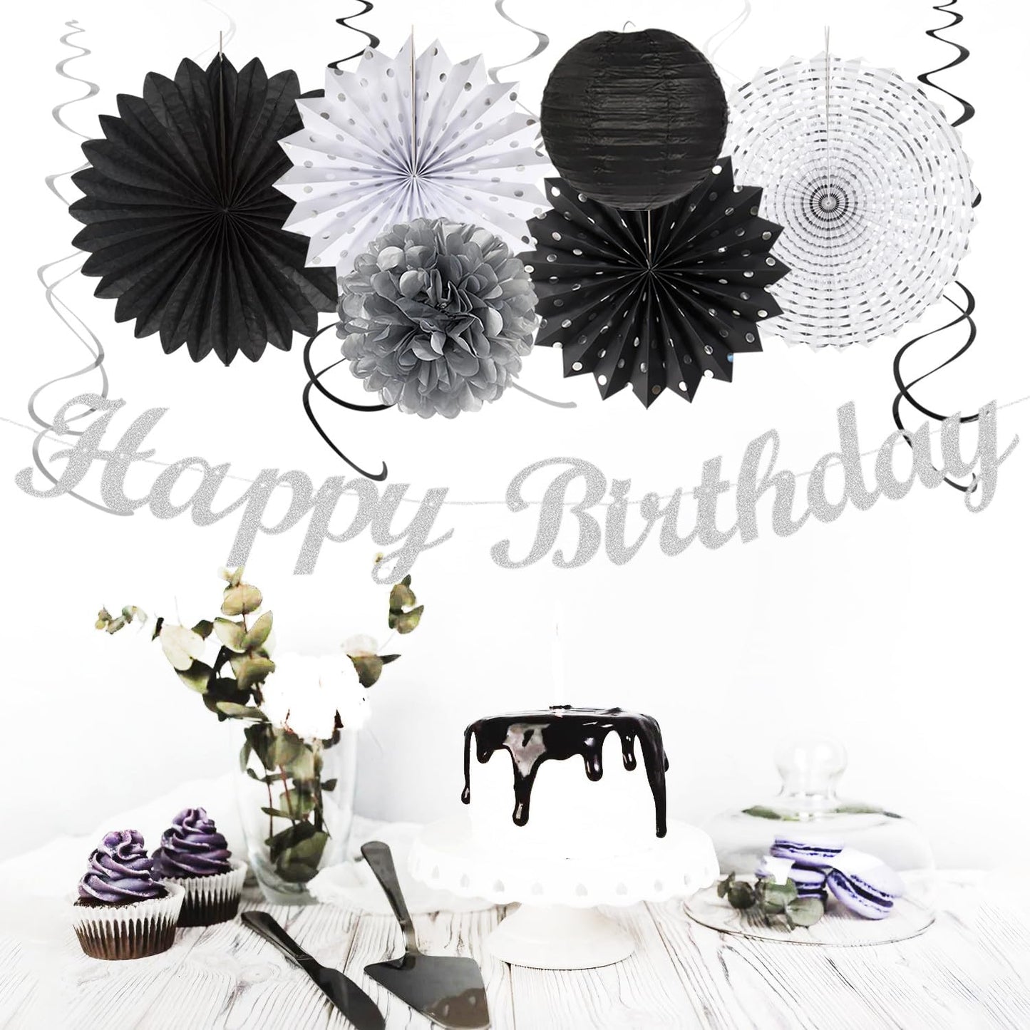 Black White Silver Birthday Party-decorations - 21pcs Boys Men Happy Banner,Paper Streamers Lanterns Honeycomb,Tissue Pom Poms Fan,Adult Supplies Decor 16th 20th 40th 45th 50th 60th Huglony