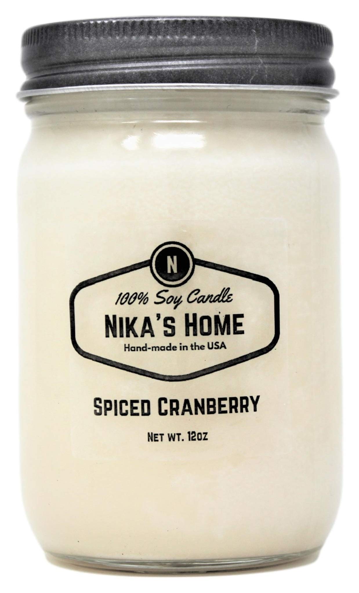Nika's Home Spiced Cranberry Soy Candle - 12oz Mason Jar - Non-Toxic - Hand Poured in The USA, Long Burning 50-60 Hours Highly Scented All Natural, Clean Burning