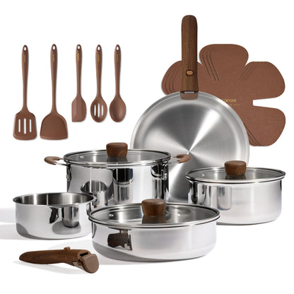 CAROTE 19pcs Stainless Steel Cookware Set with Detachable Handle, Pots and Pans Set, Induction Kitchen Cooking Sets, RV/Camping Cookware, Removable Handle, Oven Safe, Woodgrain, Mothers Day Gifts