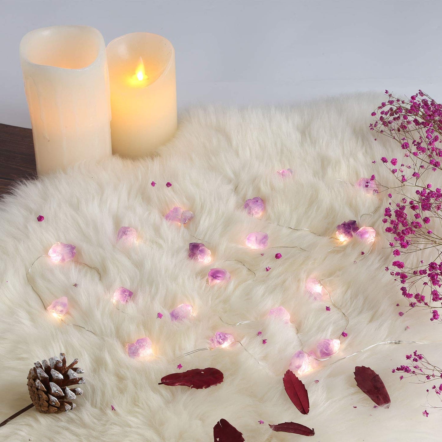 Natural Amethyst Decorative Lights Crystal Indoor String Lights Raw Stones 8.5feet 20LEDs with Remote Control, Hanging Healing Reiki Ornaments Battery Operated for Room Wedding Valentines Day Decor