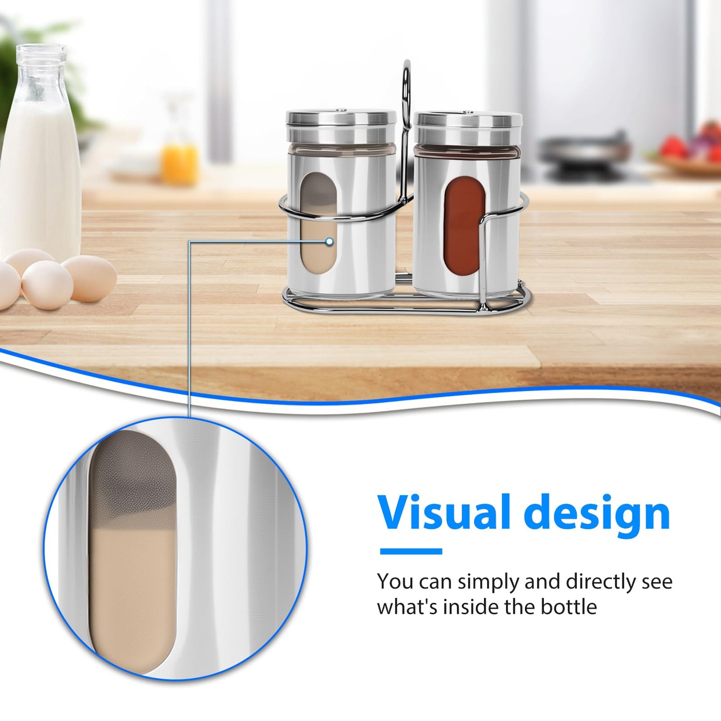 Glass Salt and Pepper Shaker Set with Seasoning Rack, Spice Rack, Adjustable Pour Hole Stainless Steel Lid, 2.8 oz, Spice Dispenser for Salt, Pepper, Spice Preservation (silver)