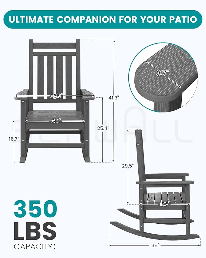 SERWALL HDPE Outdoor Rocking Chair Set of 8, Patio Rocking Chairs for Adults, All Weather Outdoor Rockers for Lawn, Grey