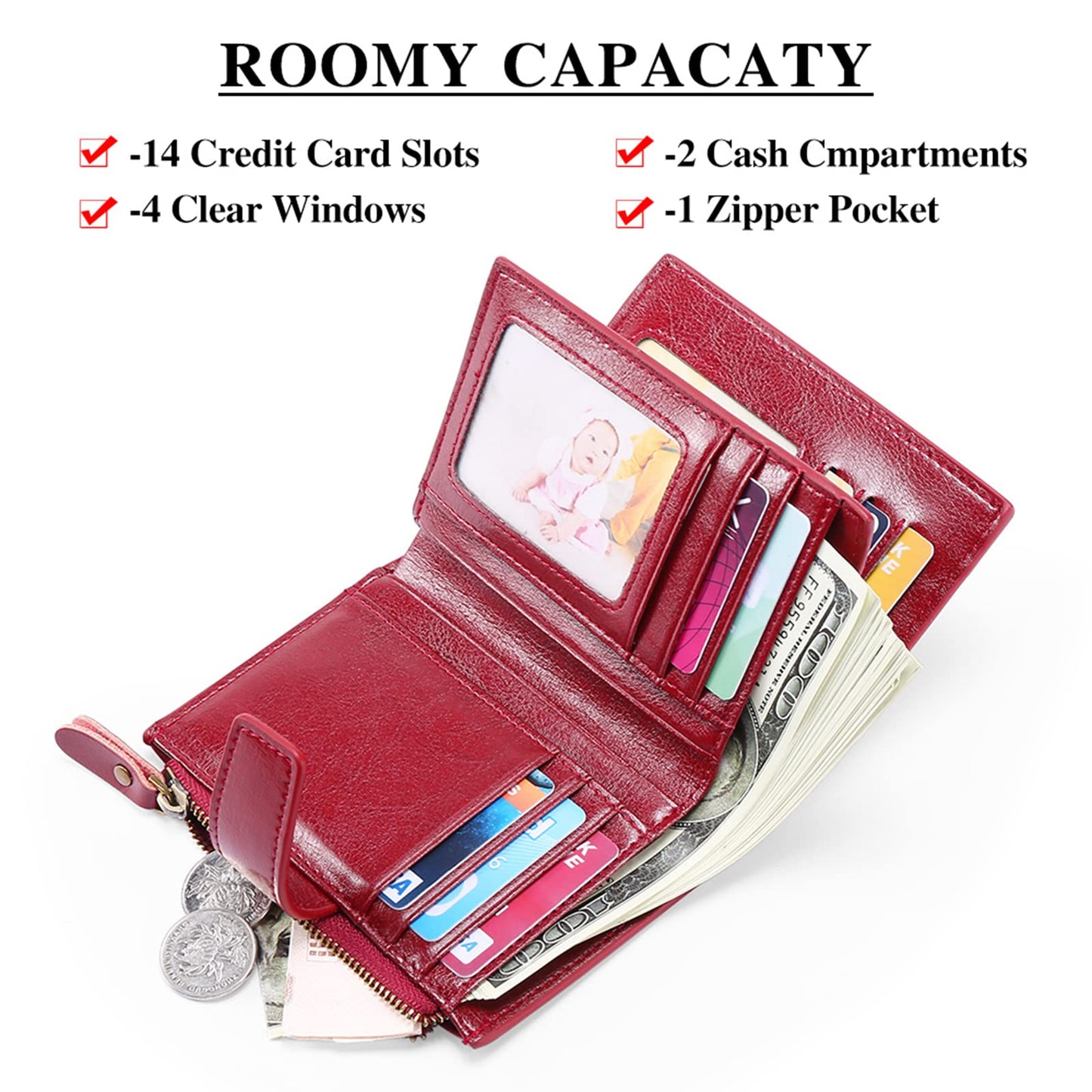 SENDEFN Women's RFID Blocking Leather Small Compact Bi-fold Zipper Pocket Wallet Card Case Purse with ID Window