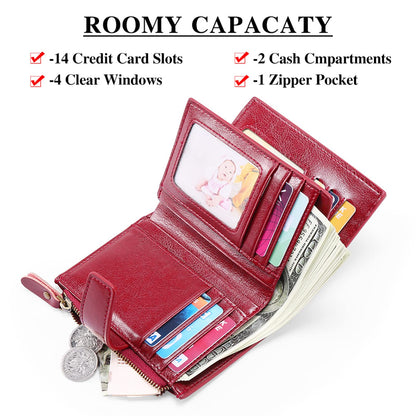 SENDEFN Women's RFID Blocking Leather Small Compact Bi-fold Zipper Pocket Wallet Card Case Purse with ID Window