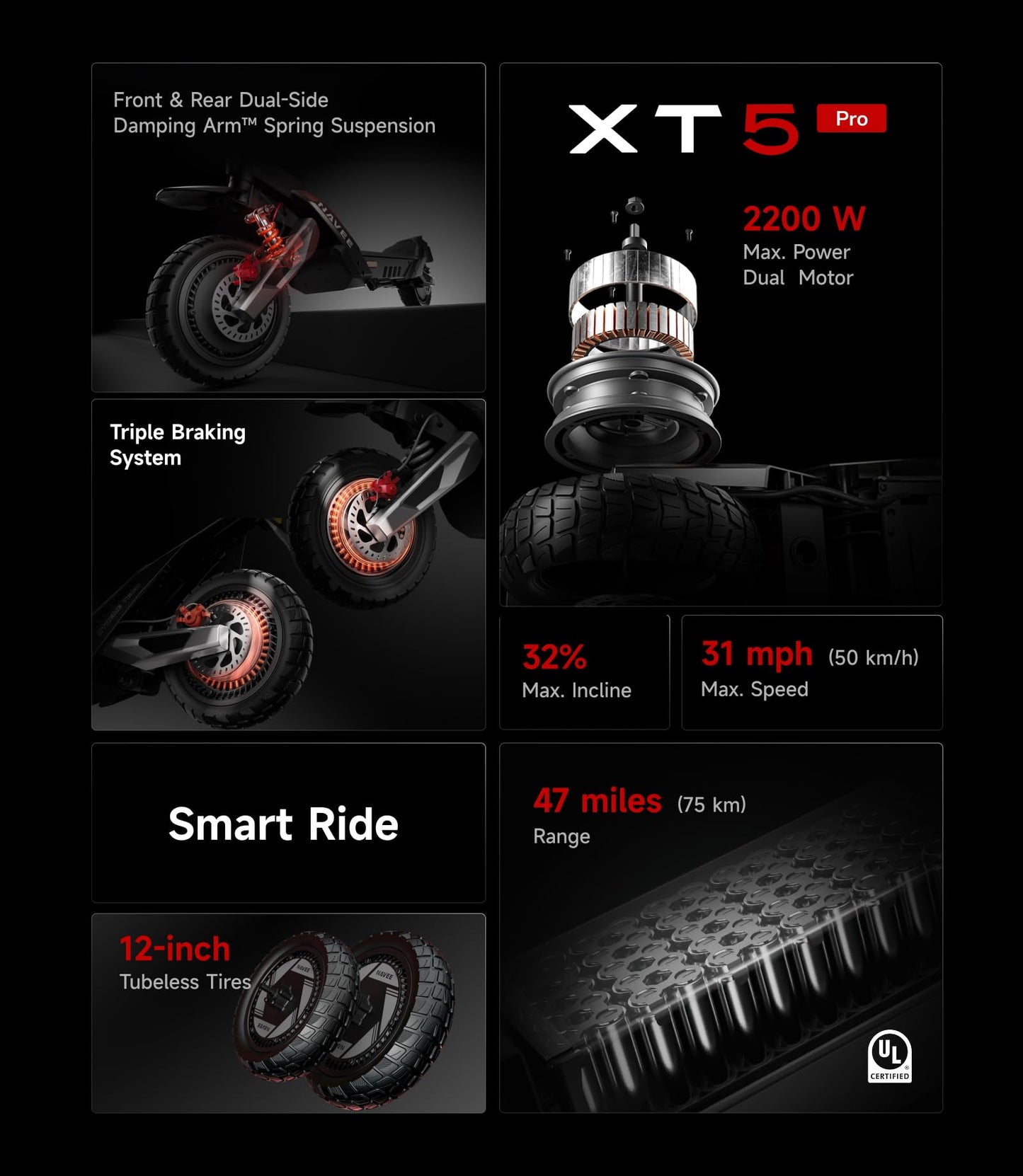 NAVEE XT5 Pro Electric Scooter, 30 mph Speed, 46.6 Miles Range, 2200W 2000W 1200W 1000W Motor, Dual Damping Arm Suspension & Disc Brake, Fast Charging, Adults Teens, 12" Off-Road Tires, Heavy Duty