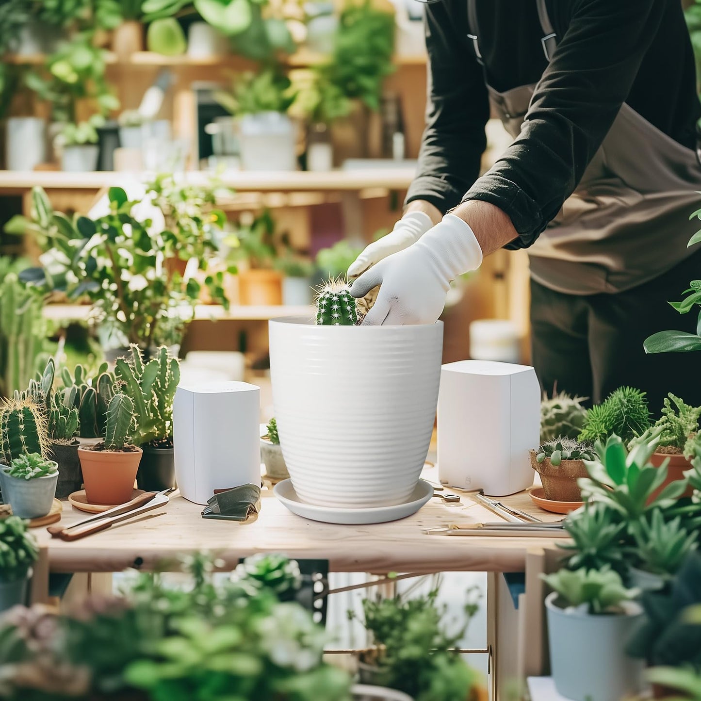 EPFamily 8 Inch Ceramic Planter Pot Round Plant Pot with Drainage Hole and Saucer Modern Flower Pot for Indoor Outdoor Plants White