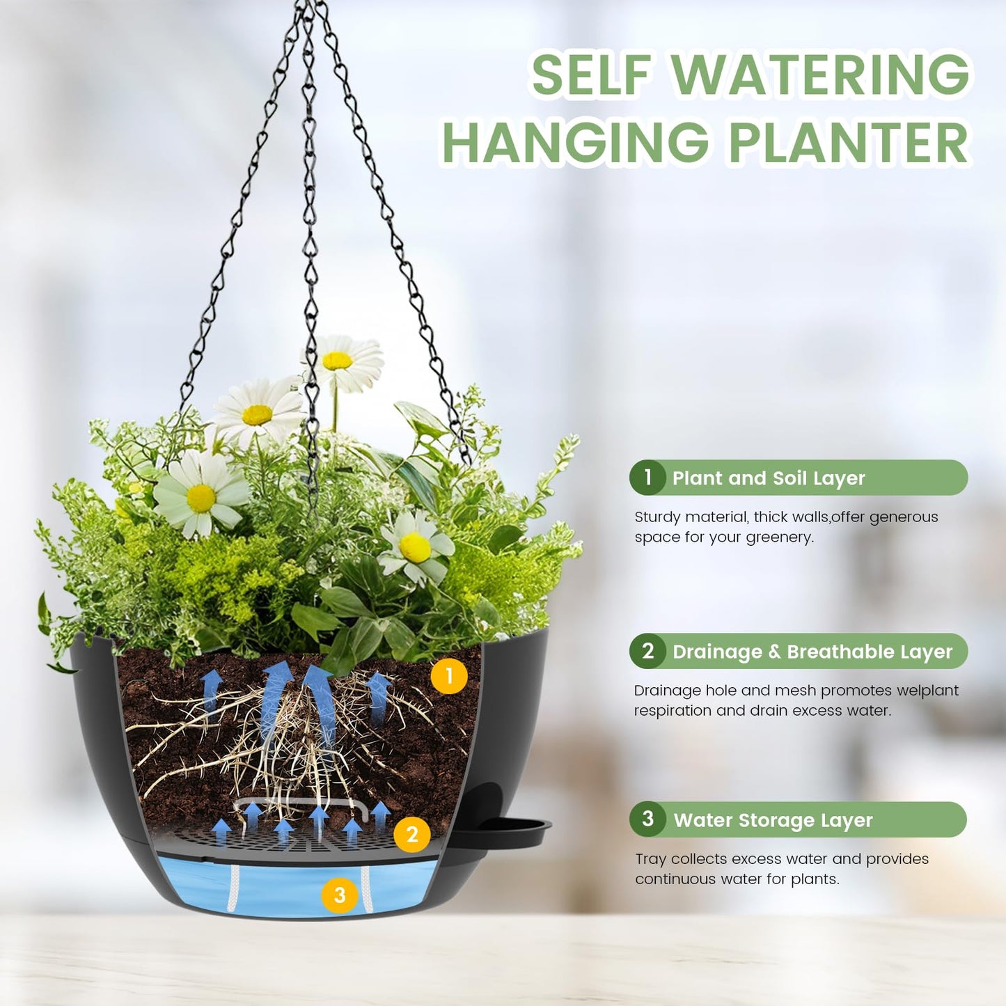 AHJZO 3 Pack 10 Hanging Flower Pots with Chains Self Watering Plastic Planters for Indoor Outdoor Plants, Sturdy Triangular Iron Chain Design for Garden PorchPlastic Hanging Flower pots (3, Black)
